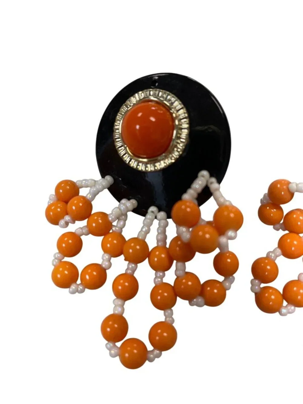 Vintage 80's wms orange black beaded fringe large clip on earrings SKU 10-727